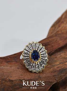 培育蓝宝石建筑风重工戒指S925银高级感复古欧式个性潮流