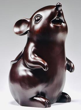 老鼠摆件黑檀实木雕刻生肖鼠可爱简约现代家居玄关装饰送礼工艺品