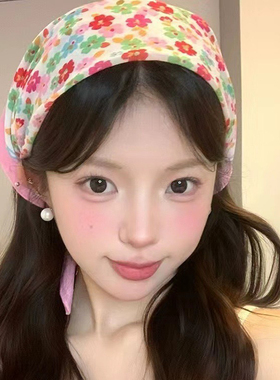 明星同款少女粉田园风碎花绑发头巾高级感绑发三角复古发带丝巾女