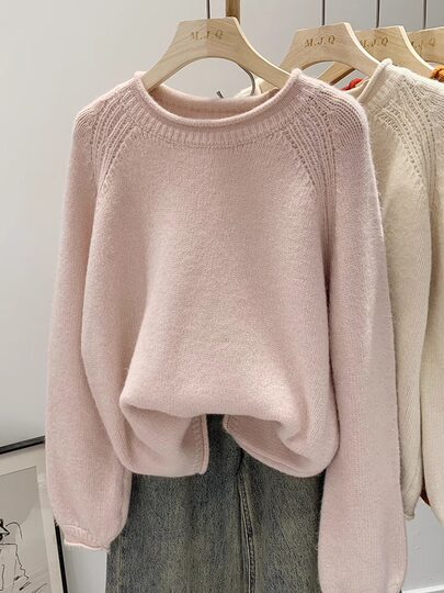 Pink sweater women's autumn and winter 2025 new loose lazy bottoming sweater soft waxy versatile round neck pullover top