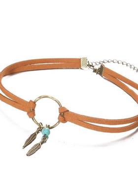 clavicle chain retro necklace leaf pendant leather choker 新