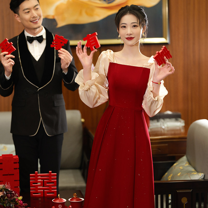 敬酒服新娘夏季纱袖薄款小个子结婚订婚连衣裙平时可穿回门礼服女_虎窝淘