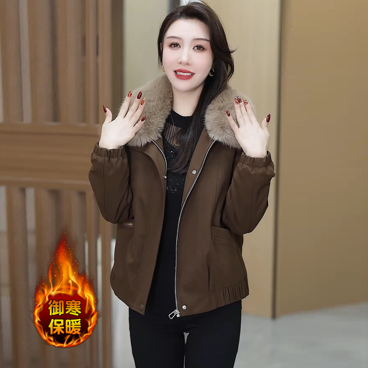 时尚加绒保暖短款外套女冬季新款可拆卸毛领小个子百搭开衫厚上衣,淘宝优惠券,粉丝福利购,淘宝优惠卷