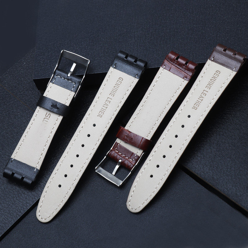 真皮表带适配斯沃琪swatch 17 19mm 金诺嘉配件
