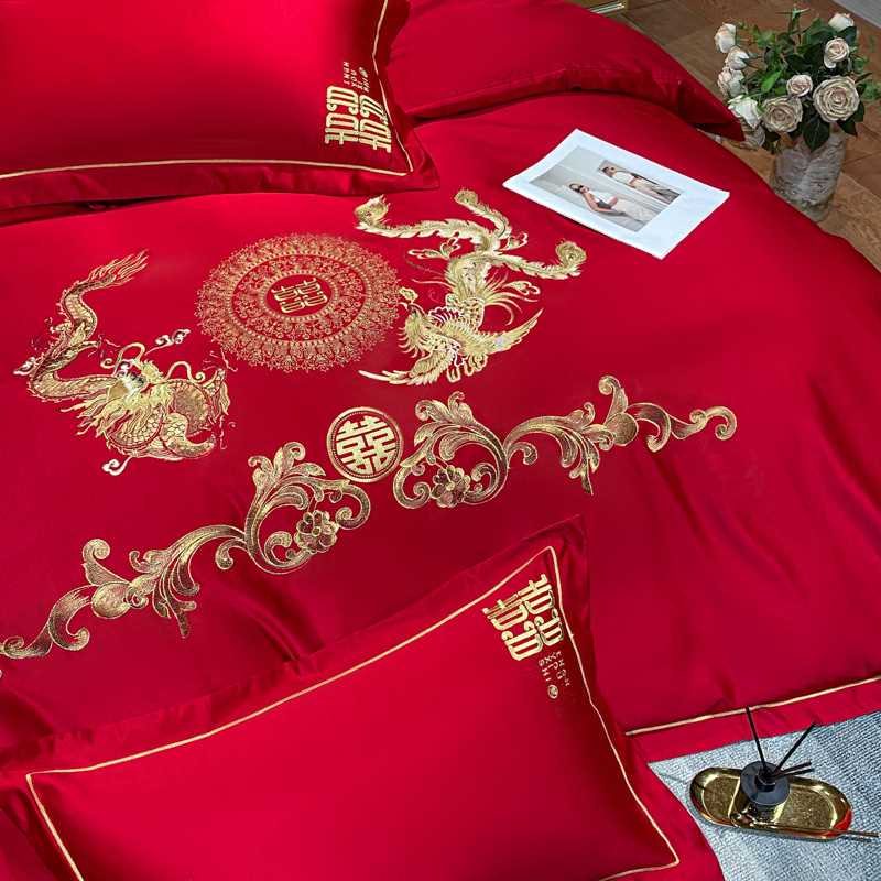 新品婚庆四件套龙凤刺绣全棉被套被罩纯棉床单床笠式结婚床上用品