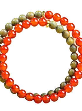绿檀木红玛瑙喜木火双圈手链