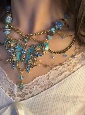 2024蝴蝶串珠项链腰链复古choker甜酷小众一式两戴项链颈链