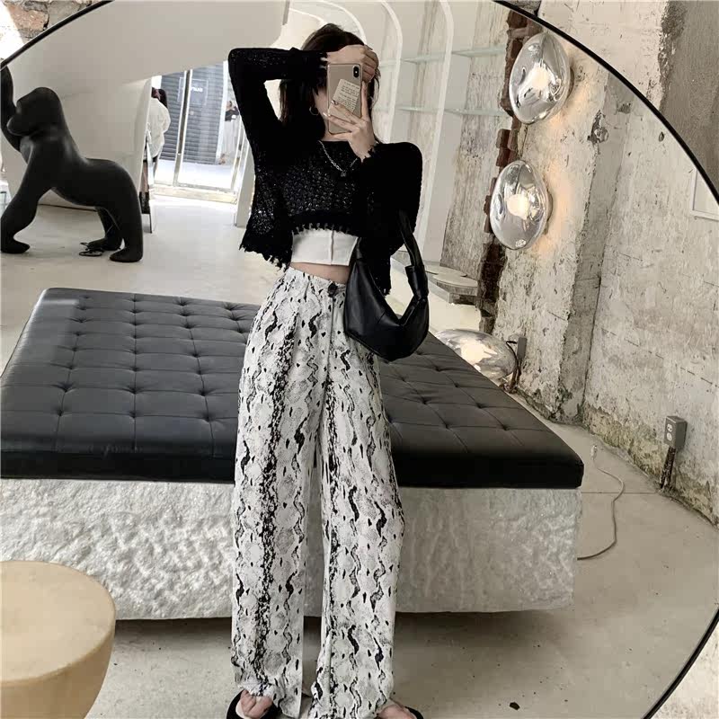 小香风豹纹阔腿拖地裤套装秋季衬衫 源栩短外套