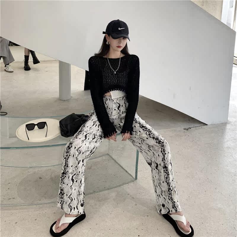 小香风豹纹阔腿拖地裤套装秋季衬衫 源栩短外套