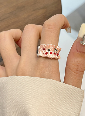 日系CoopKoop韩系ins 不规则褶皱线条圆环戒指小众设计樱桃磨砂