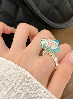 日系coopkoopins冷淡风夏日手工串珠石戒指女小众彩色透亮原石