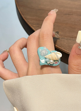 日系CoopKoop夏日度假风海洋元素叠戴戒指设计感仿珍珠海螺海星