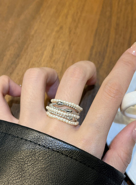 日系CoopKoop高级感法式复古多层珍珠戒指叠戴小众轻奢气质指环