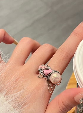 日系CoopKoop法式小众设计亮银锡纸风宝石镶嵌开口戒指女ins小众