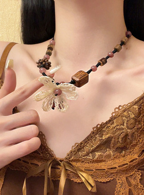 日系CoopKoop新中式花朵木质编织项链复古可调节木珠串珠锁骨