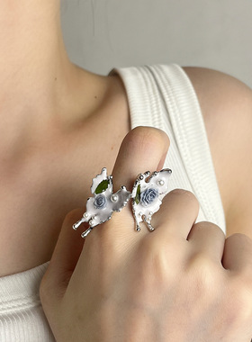 日系CoopKoop新中式彩色蝴蝶滴釉戒指女轻奢高级感立体花朵镶