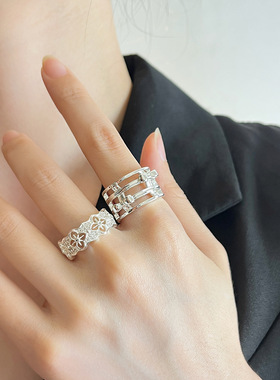 日系CoopKoop镂空花朵蝴蝶结宽版戒指女ins冷淡风金属纹理开口