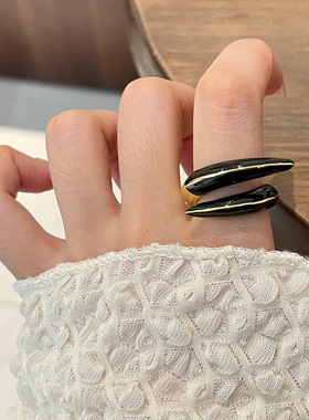 日系CoopKoop欧美复古双层黑金撞色珐琅戒指女小众设计感食指戒