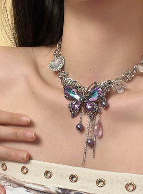 日系CoopKoopy2k 辣妹重工绿色蝴蝶项链仿水晶串珠流苏锁骨链