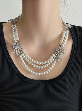 日系CoopKoop复古vintage多层珍珠蝴蝶结项链小众气质高级感时尚