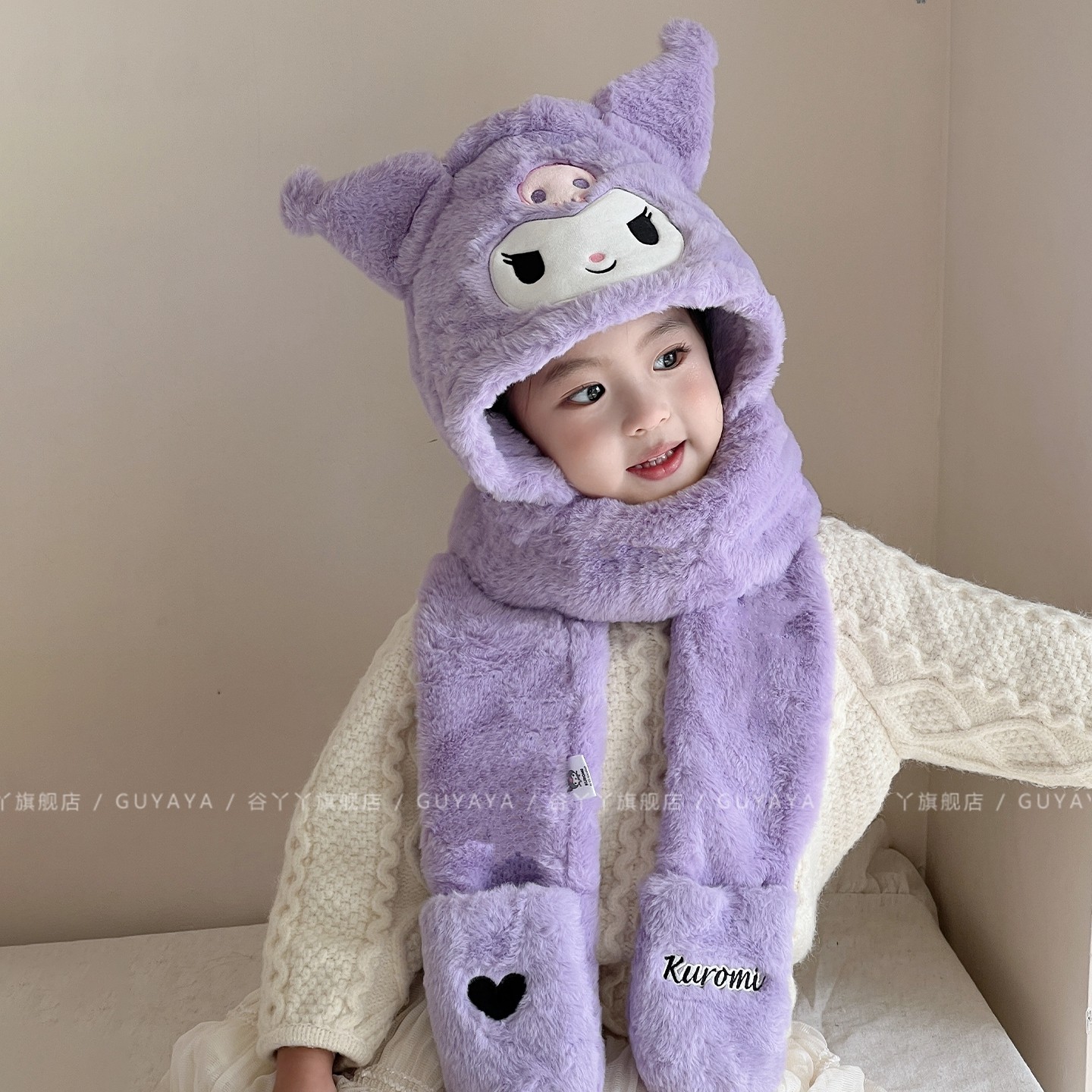 正版授权库洛米儿童帽子围巾手套一体女童冬季保暖毛绒帽护耳帽冬,淘宝优惠券,粉丝福利购,淘宝优惠卷