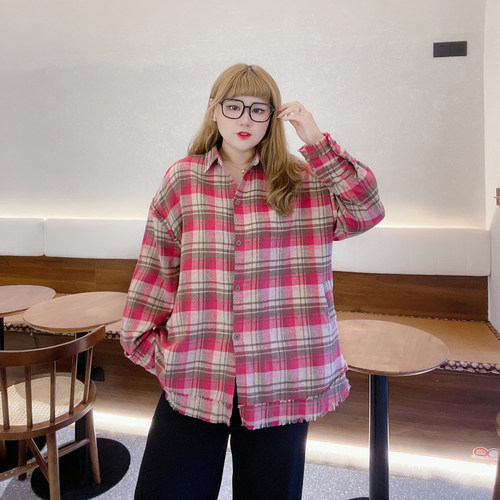 胖莹莹大码女装2025秋款简约格子衬衫甜美马甲慵懒风休闲宽松套装 - 图2