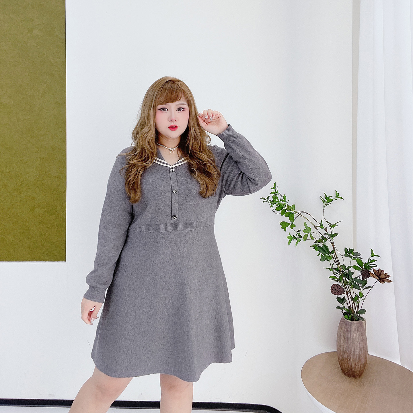 胖莹莹大码女装学院风海军领弹力高级感收腰针织小个子短款连衣裙,淘宝优惠券,粉丝福利购,淘宝优惠卷