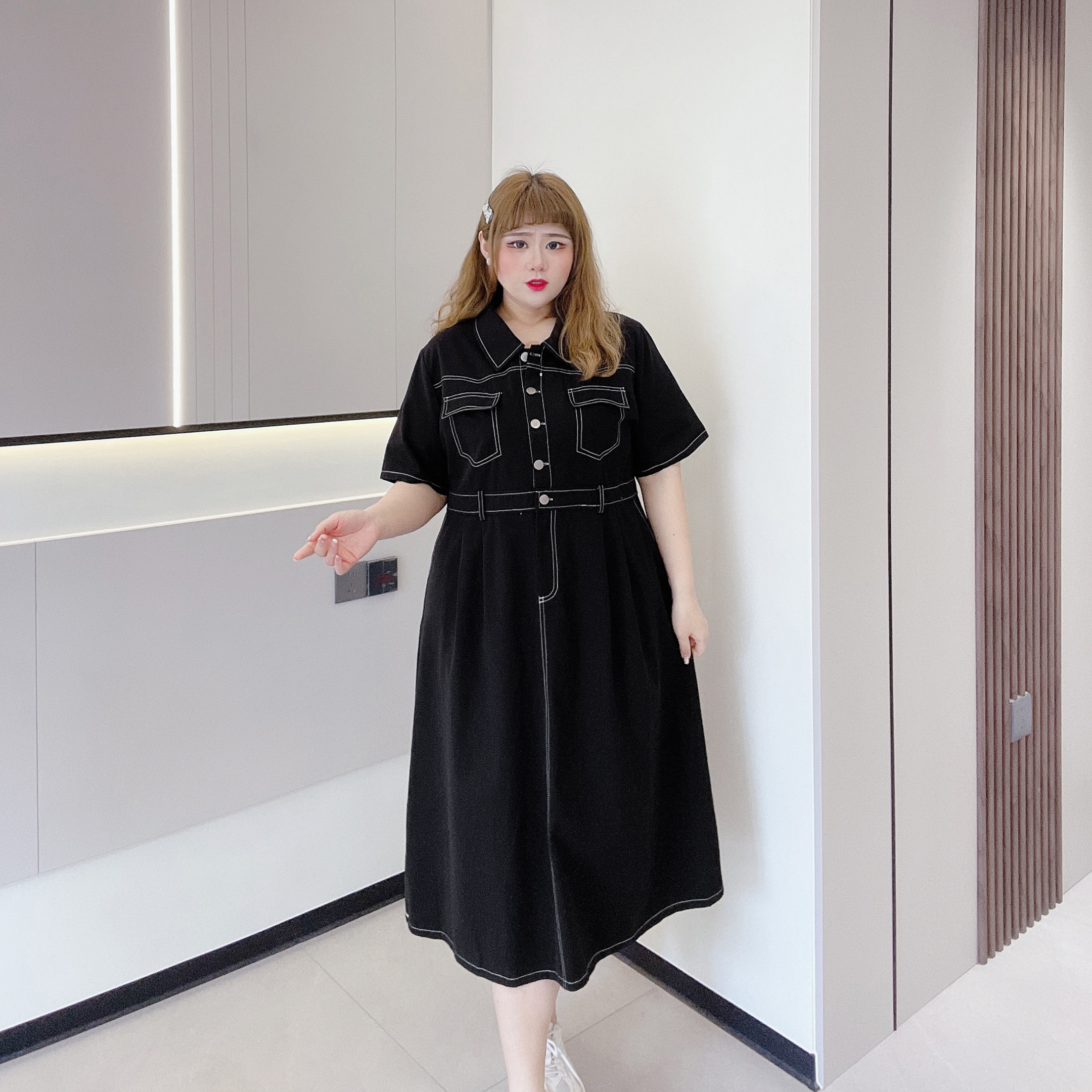 复古港风学院风减龄240斤胖妹大码女装牛仔收腰明线翻领长连衣裙 - 图2