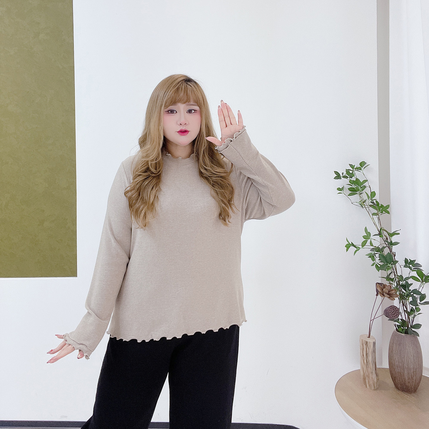 韩系简约木耳边正肩打底衫胖莹莹大码女装百搭叠穿气质弹力上衣,淘宝优惠券,粉丝福利购,淘宝优惠卷