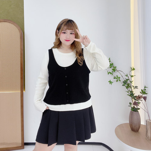 胖莹莹大码女装300斤胖m浅春系少女感假两件多巴胺减龄甜美针织衫 - 图0