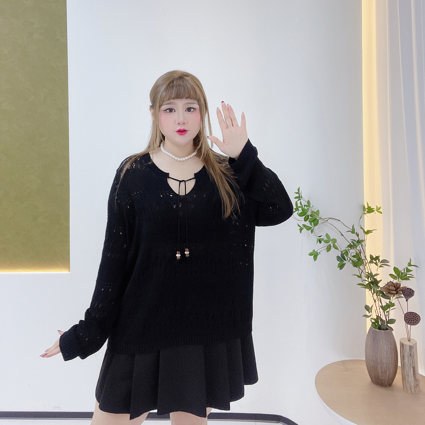 胖莹莹大码女装2025秋慵懒风时尚镂空纯欲系带显瘦百搭减龄针织衫,淘宝优惠券,粉丝福利购,淘宝优惠卷