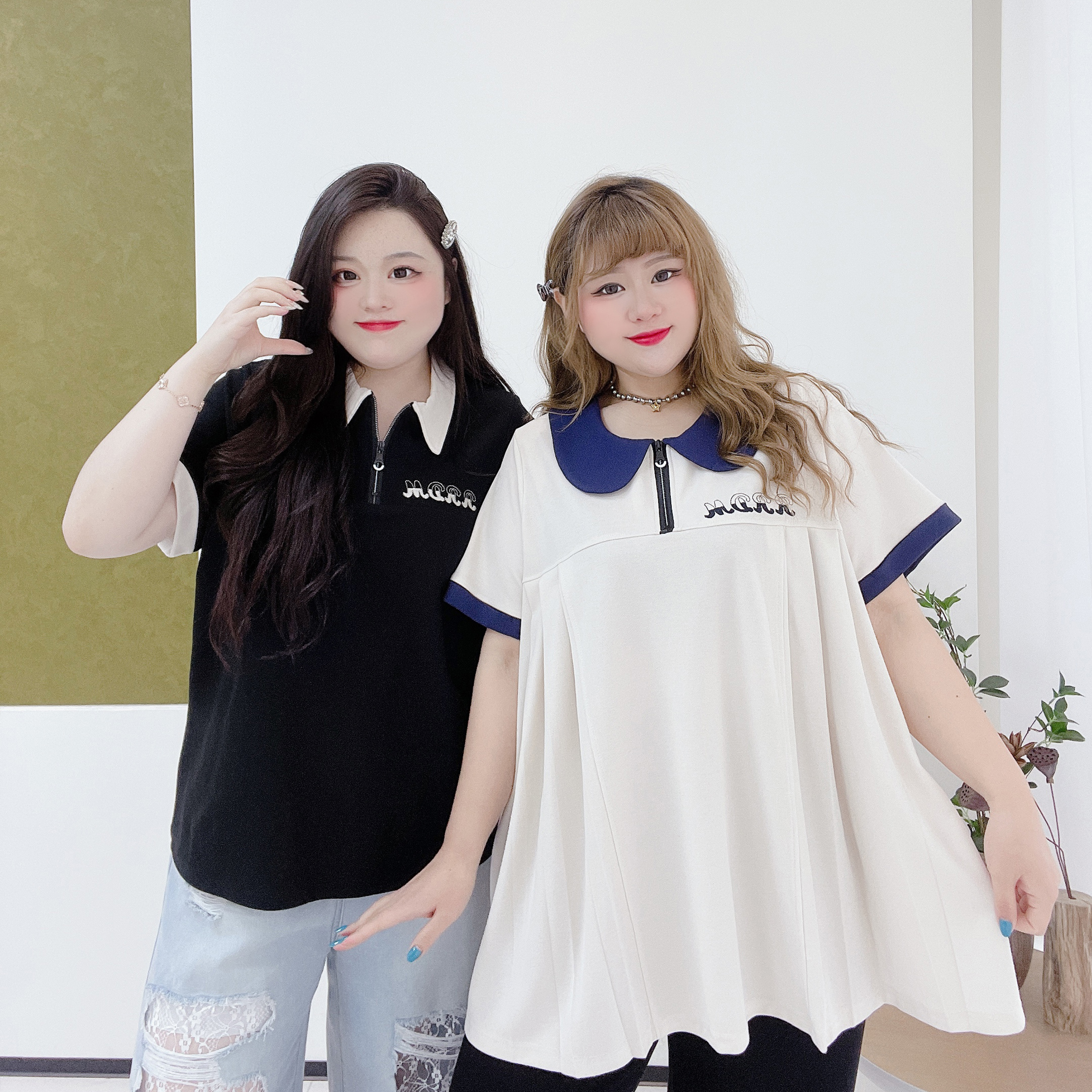 300斤胖莹莹大码女装撞色薄款娃娃衫学院风减龄刺绣polo衫短袖T恤 - 图0