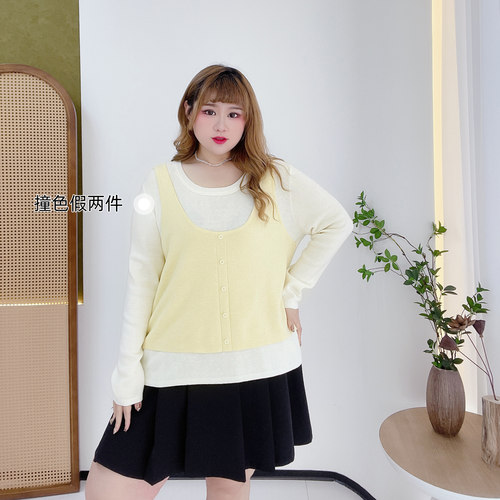 胖莹莹大码女装300斤胖m浅春系少女感假两件多巴胺减龄甜美针织衫 - 图1