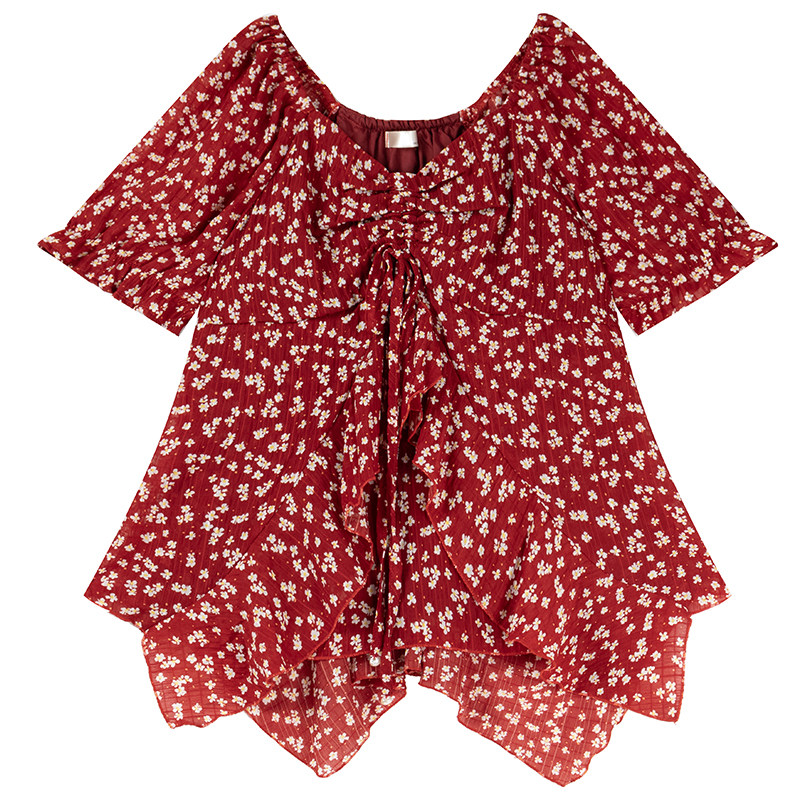 胖莹莹大码女装韩系小众碎花抽绳荷叶边宽松不规则薄款显瘦上衣,淘宝优惠券,粉丝福利购,淘宝优惠卷