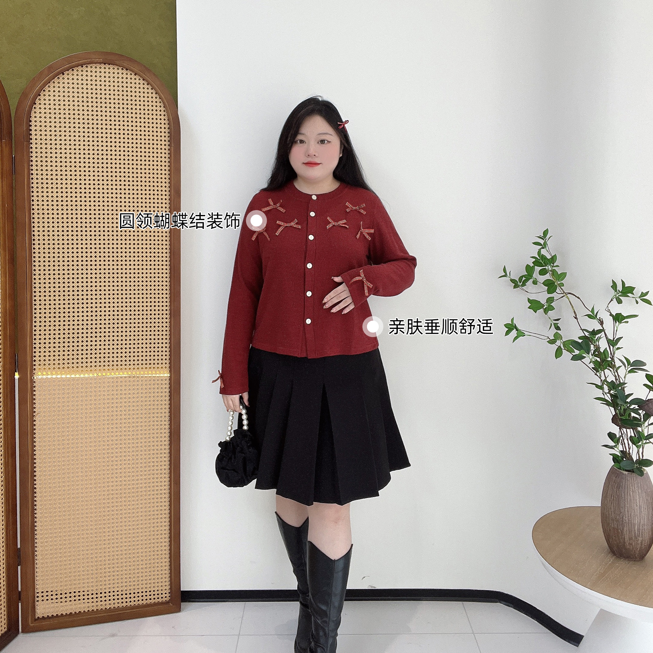 胖莹莹大码女装少女感小众蝴蝶结甜美小香开衫红色新年上衣针织衫,淘宝优惠券,粉丝福利购,淘宝优惠卷