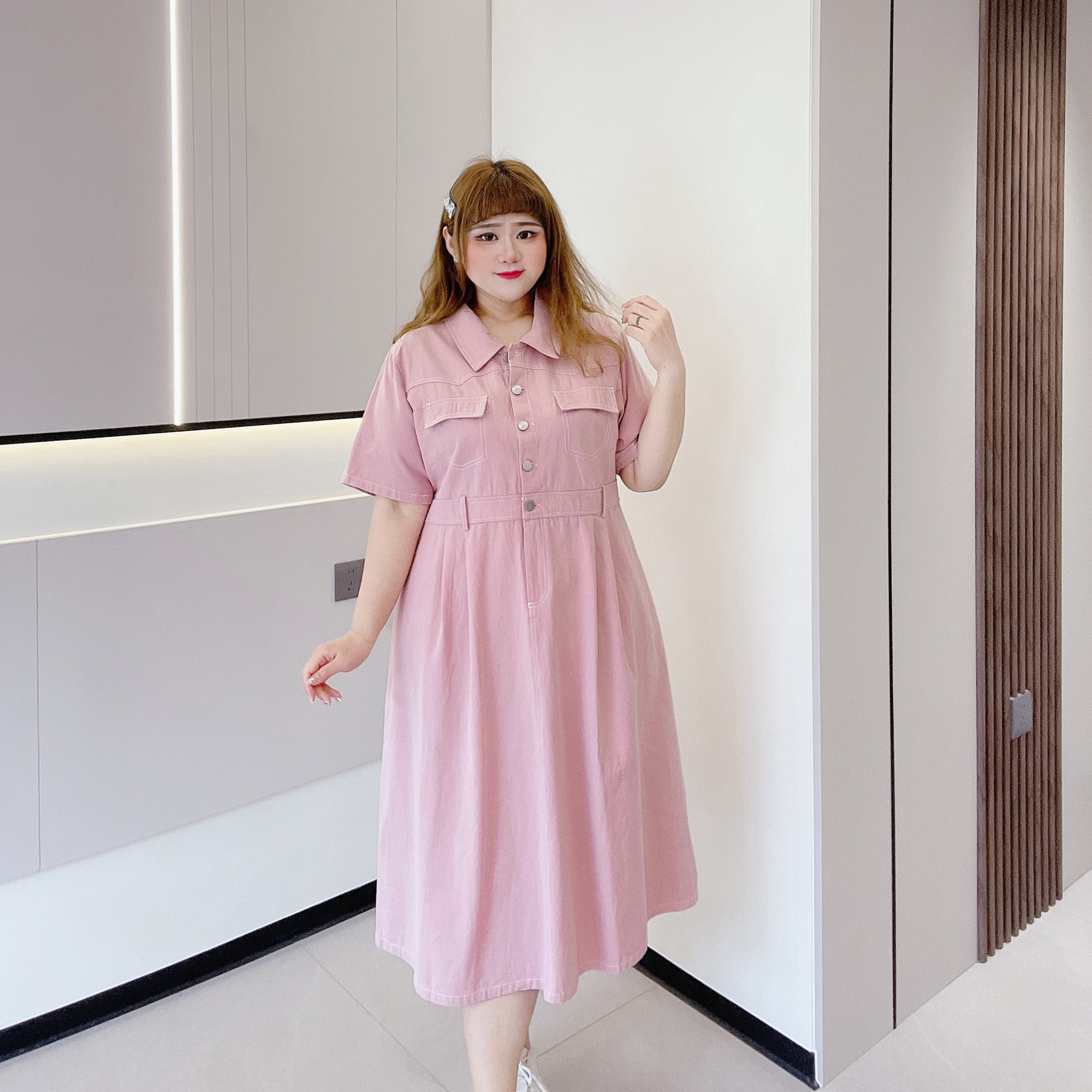 复古港风学院风减龄240斤胖妹大码女装牛仔收腰明线翻领长连衣裙 - 图0