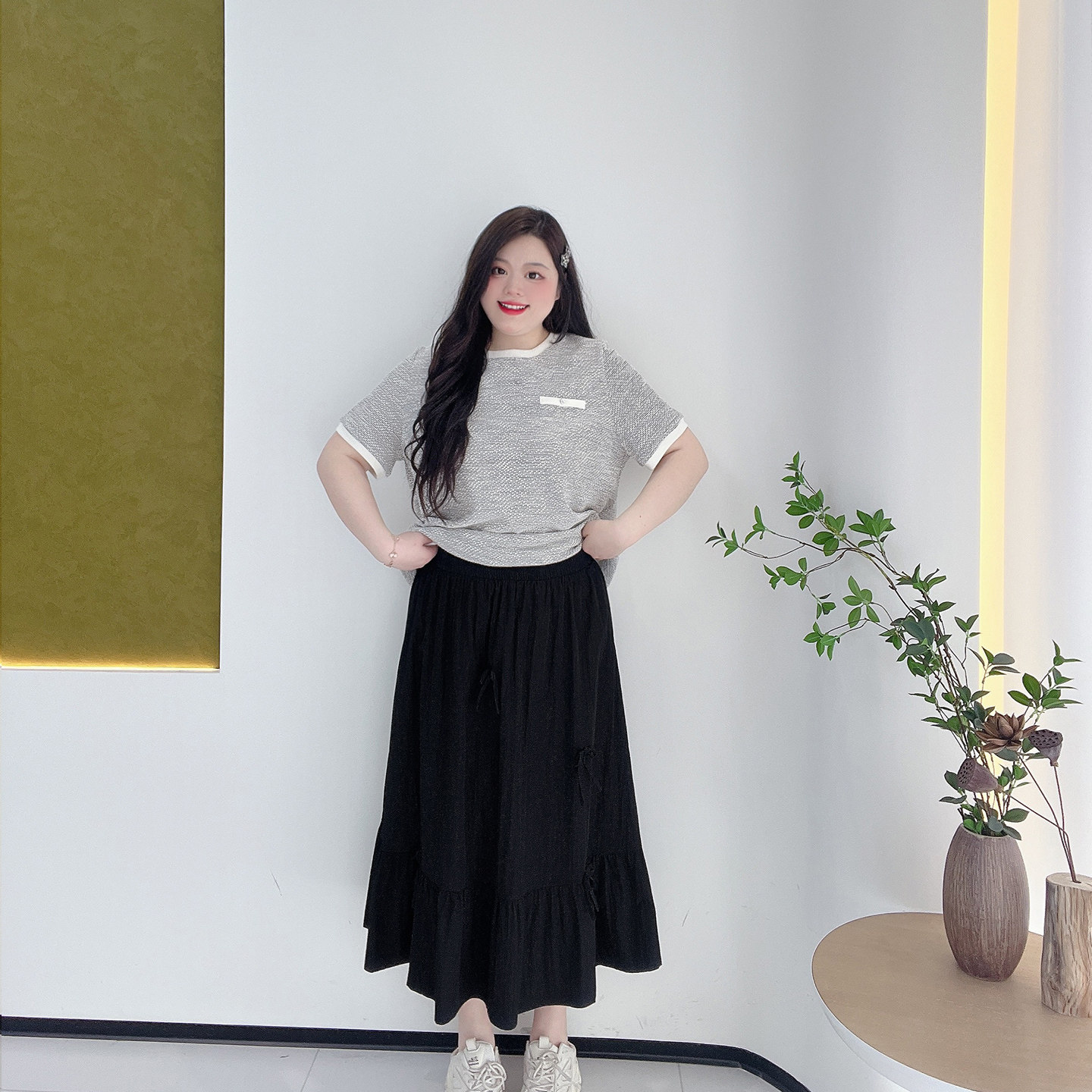 韩系甜美高腰蝴蝶结拼接鱼尾裙胖莹莹大码女装显瘦遮肉长款半身裙,淘宝优惠券,粉丝福利购,淘宝优惠卷