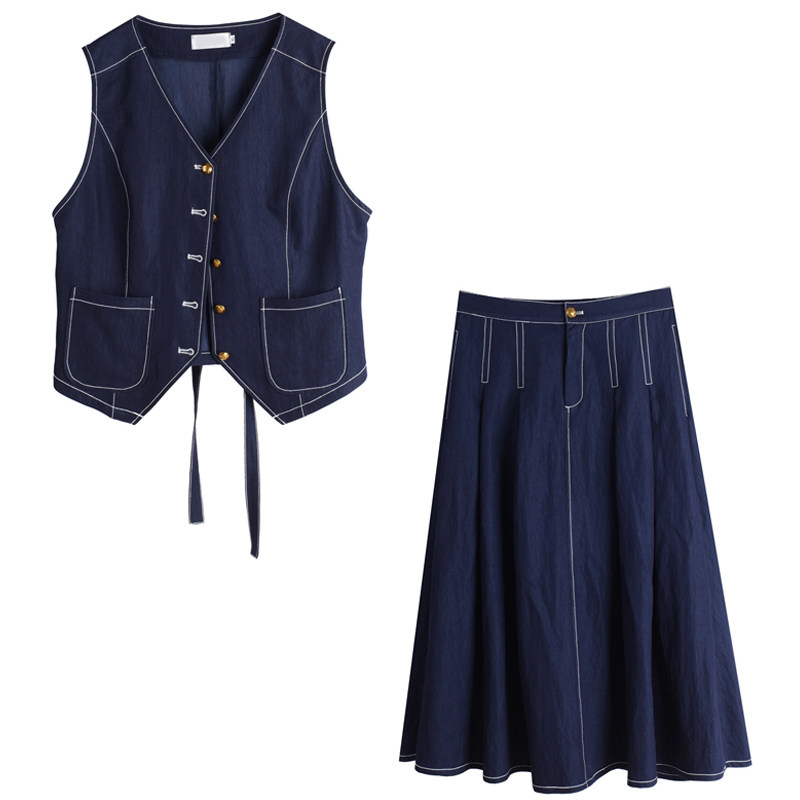 胖莹莹大码女装高级感复古老钱风明线仿牛仔显瘦马甲半身裙套装,淘宝优惠券,粉丝福利购,淘宝优惠卷