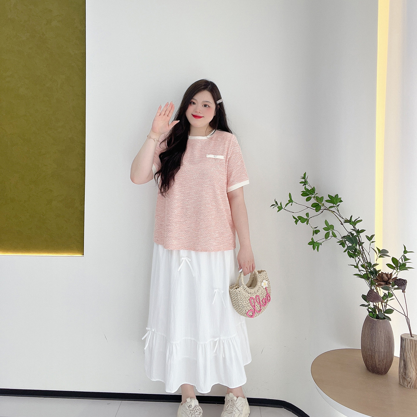 韩系甜美高腰蝴蝶结拼接鱼尾裙胖莹莹大码女装显瘦遮肉长款半身裙,淘宝优惠券,粉丝福利购,淘宝优惠卷