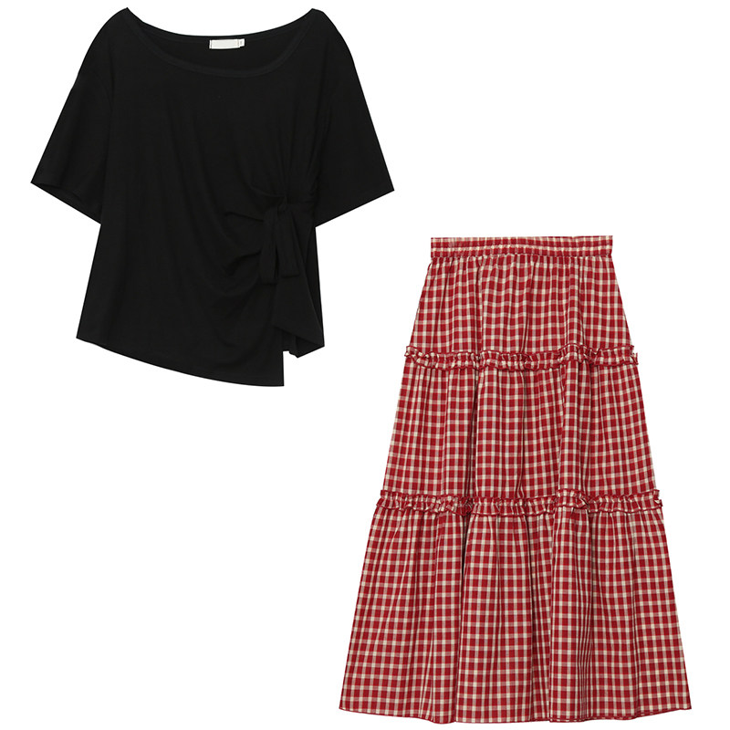 2025夏季胖莹莹大码女装掐褶设计感不规则T恤格纹蛋糕半身裙套装,淘宝优惠券,粉丝福利购,淘宝优惠卷
