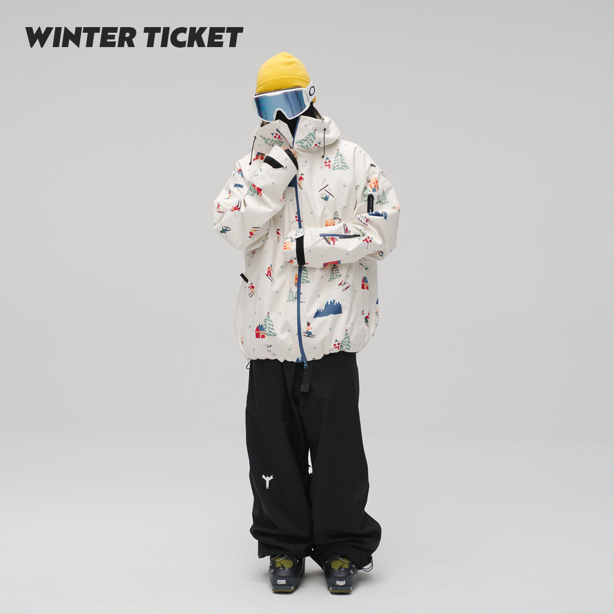 WinterTicket双单板自由式OVERSIZE宽大嘻哈米色插画3L夹克滑雪服 - 图1