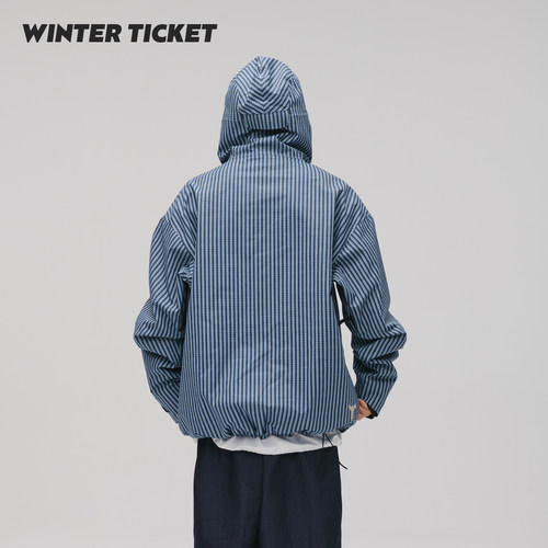 WinterTicket双单板自由式OVERSIZE宽大嘻哈蓝竖条纹3L夹克滑雪服 - 图1
