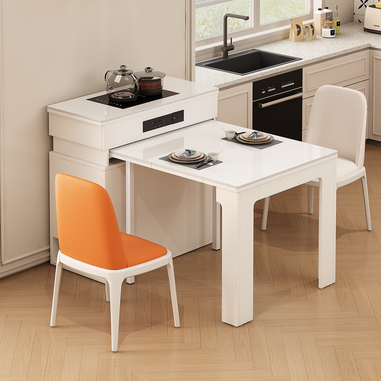 仕宇小户型实木岩板岛台餐桌一体家用可伸缩现代奶油多功能收纳桌,淘宝优惠券,粉丝福利购,淘宝优惠卷