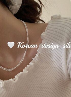 高级蝴蝶结珍珠项链新款锁骨纯银