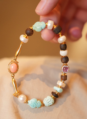 粉嫩配色多宝手串原矿绿松沉香直切珍珠银镶装饰小清新风格手链