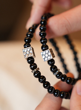 小众设计黑玛瑙手串银方块编织配透亮药师珠清冷感禅风饰品手链
