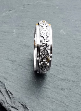 纯银925六字真言藏文转动戒指  单身复古个性佛系食指环精致