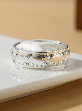 泰银可转动戒指时尚潮流个性立体浮雕大象旋转男女时尚闭口指环尾