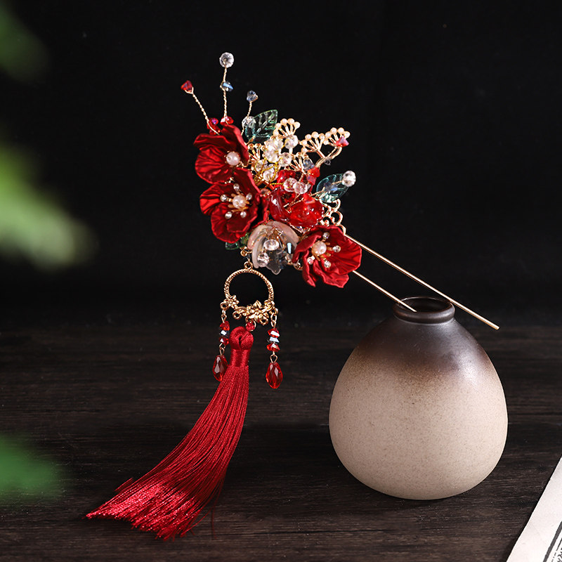 中式古风新款古装头饰红色秀禾流苏发夹绒花结婚发饰婚礼新娘饰品,淘宝优惠券,粉丝福利购,淘宝优惠卷