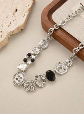 金属重工y2k甜酷风纽扣项链复古小众设计镶钻颈链女个性甜酷项饰